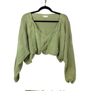 Krista Larson Green Deep V Neck Cropped Asymmetrical Sweater Size L XL